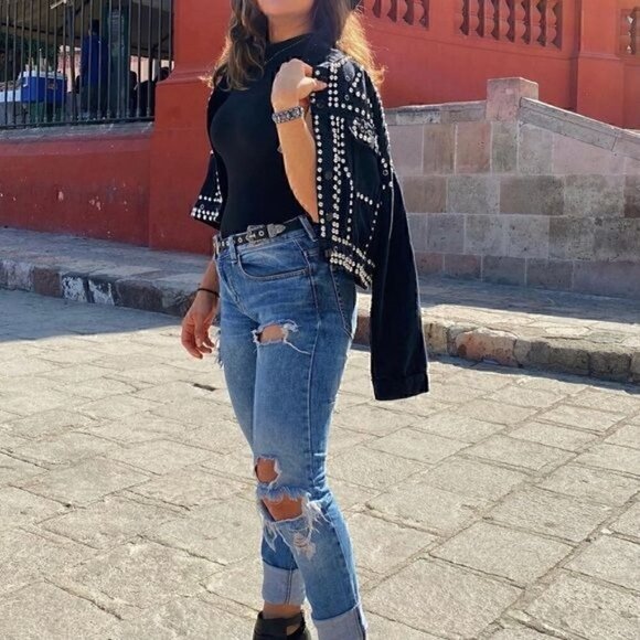 Hand Beaded Rivet Studded Blue Jean Jacket One Size Denim Rodeo Festival Cropped - Picture 9 of 10